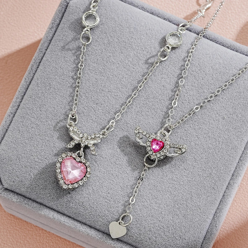 Crystal Angel Wings Heart Pendant Necklaces Set Ladies Girl Simple Y2K Pink White Zircon Love Elegant Necklace Women Jewelry Set