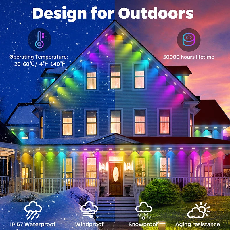 100FT 60 LED Permanent Outdoor Eaves LED Lights Waterproof RGB String Lights DIY Scene Christmas Birthday Holiday Party Lighting