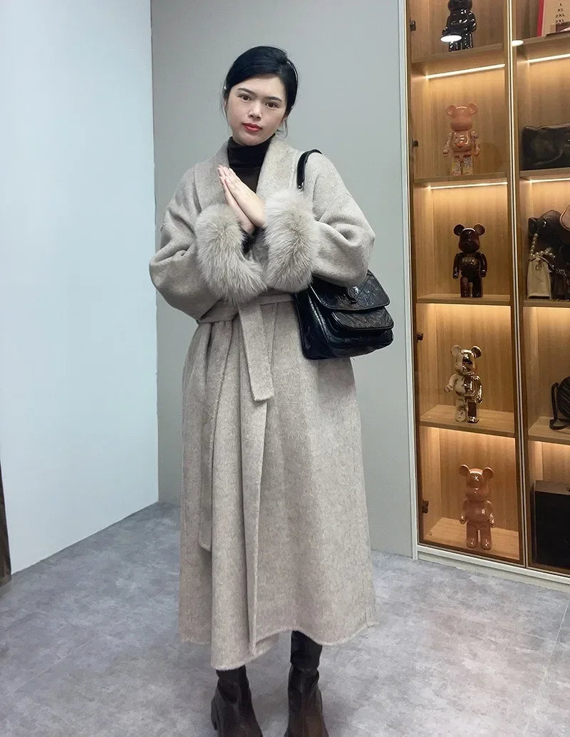 High End Double-sided Wool Strapping Real Wool Fur Coat Women's Removable Cuffs Fox Fur Temperament Cashmere Short Jacket