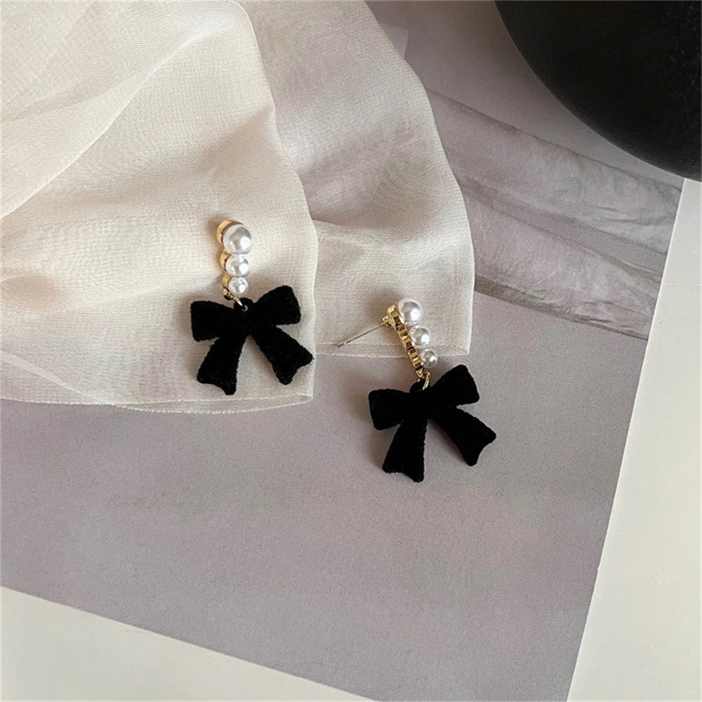 LATS Red Black Bowtie Earrings for Women Girls Simulated Pearl Cloth Bow Tie Earrings Jewelry Ear Accessories Beautiful Gifts