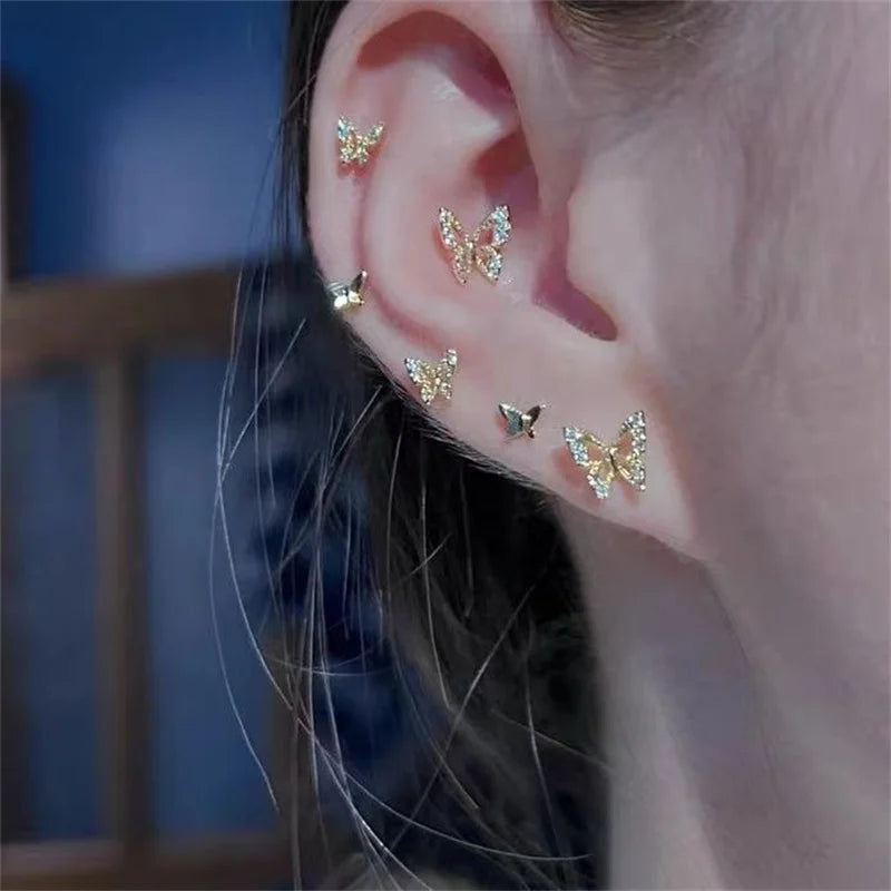 Korean Fashion Cute Butterfly Stud Earrings Set Girls Heart Bow Knot Sparkling Zircon Ear Studs Women Wedding Party Jewelry Gift