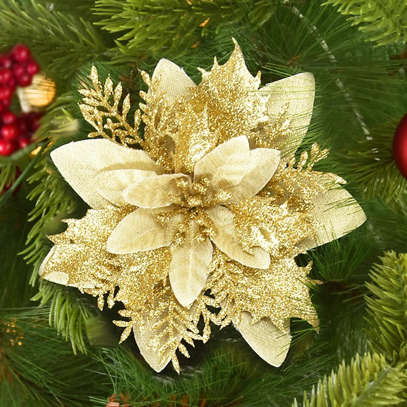 3/10pcs 14cm Christmas Flowers Glitter Red Gold Flower Head Xmas Tree Ornament New Year Decorations for Home Navidad Noel Gifts