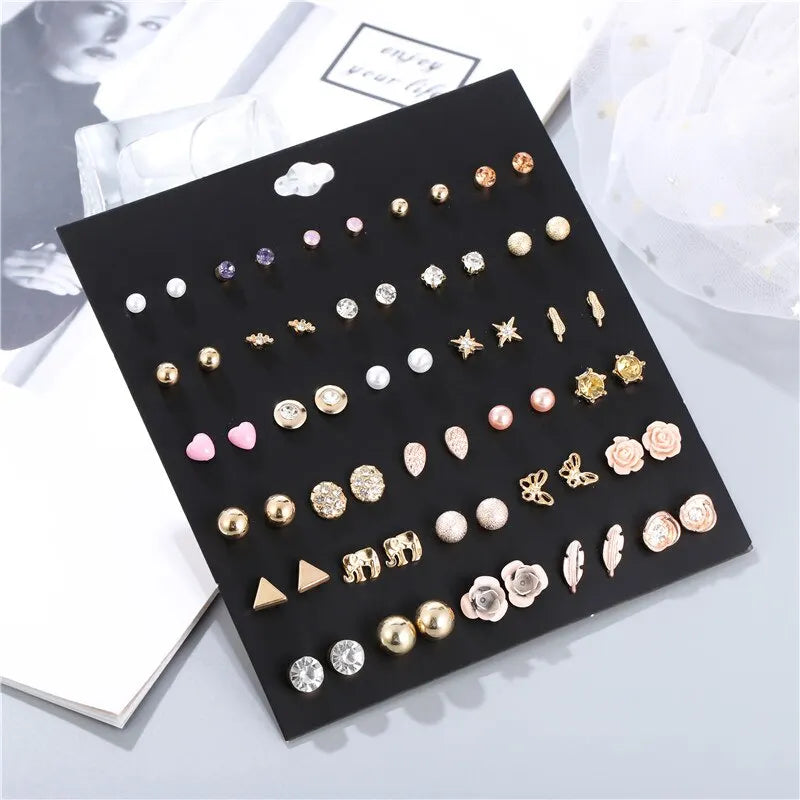 New Design 30Pairs/lot Mixed Crystal Small Stud Earrings Sets For Women Girl Heart Flowers Moon Ear Jewelry Accessories