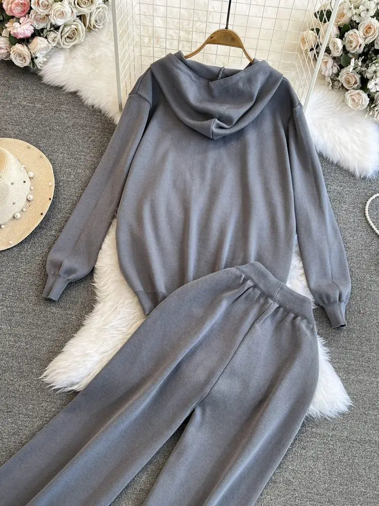 Fashion Suit Women's Korean Version Loose Knit Hooded Top Casual High Waist Slimming Straight Leg Wide Leg Pants Two-piece Set