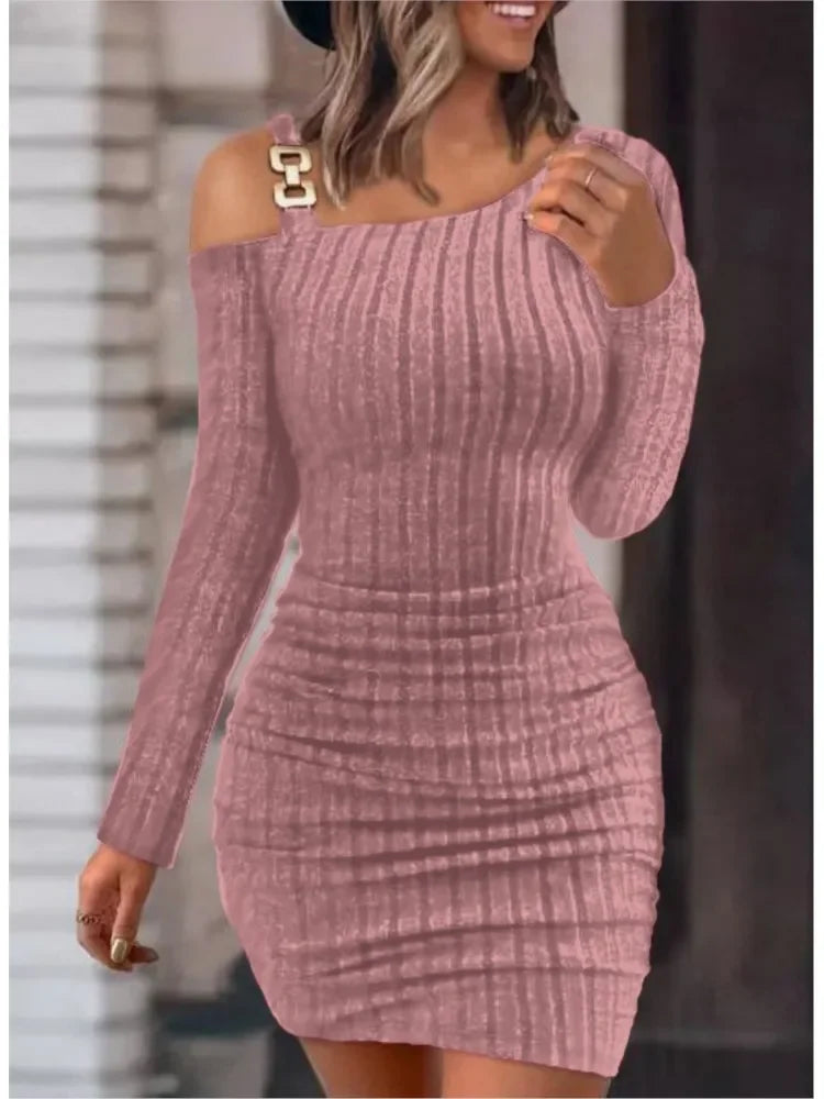 Autumn Winter New Women Dress Solid Button Oblique Off Shoulder Tight Wrap Hip Slim Sexy Long Sleeve Mini Dress Women Clothing