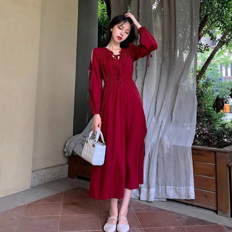 Long Sleeve Front Lace-up Cut-out Women Autumn Casual Chic A-line Long Dress New Year's And Christmas Red Dress