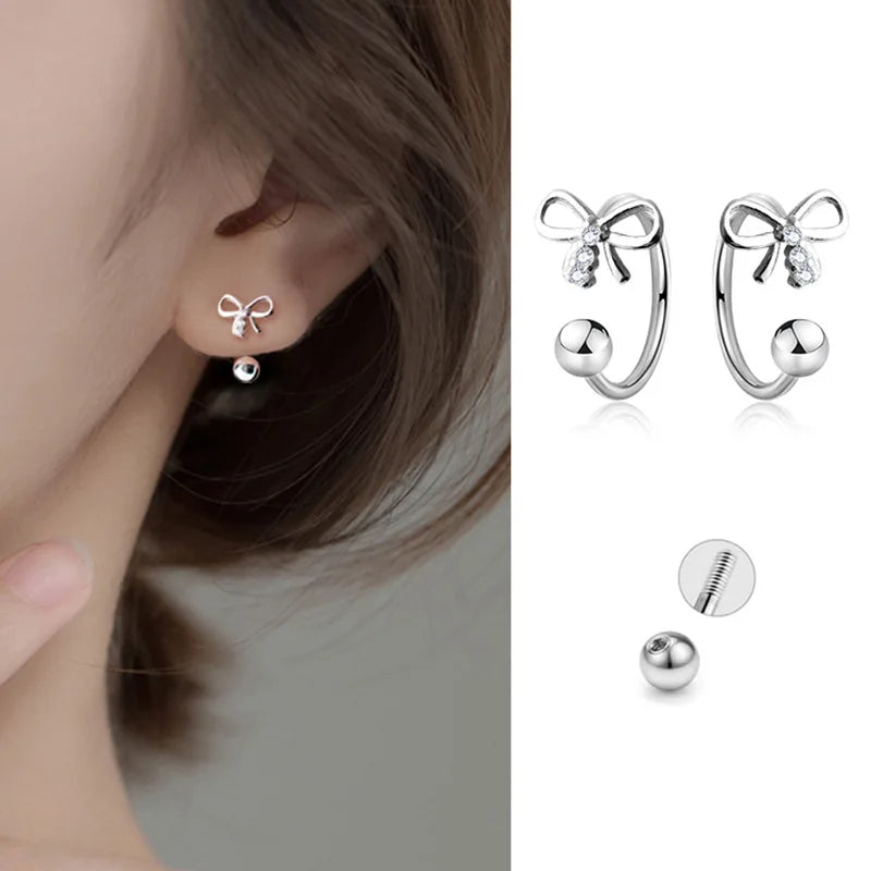 2PC Stainless Steel Bowknot Zircon Cz Hoop Tragus Cartilage Helix Stud Earring Conch Rook Daith Lobe Ear Screw Piercing Jewelry