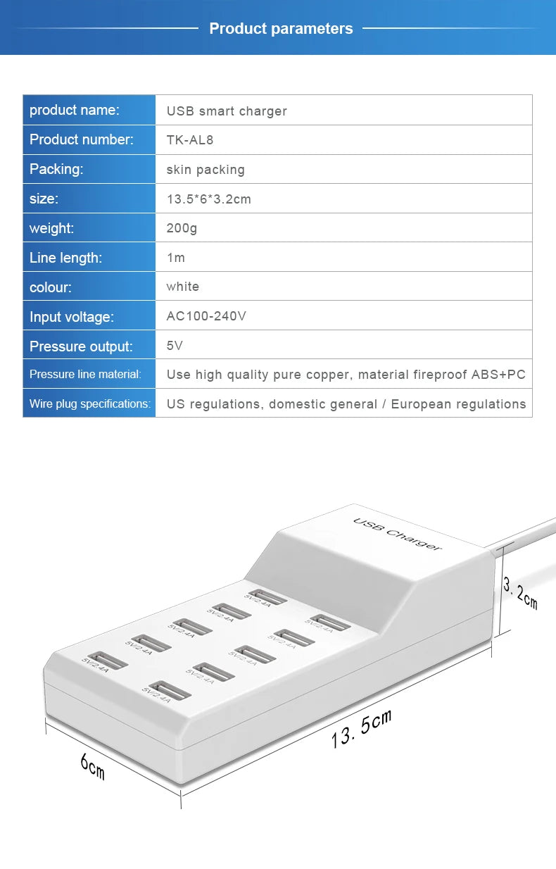 High Speed 10 Ports 5V USB Hub AC Charger Strip Adapter Portable USB Power Adapter for Home Office Travel Wall Charger EU Plug