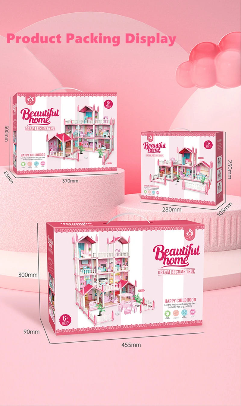 3D DIY Dream Princess Castle Villa Assembly Doll House Set Toy Girl Family Toy Children's Music Doll House Assembly Villa House