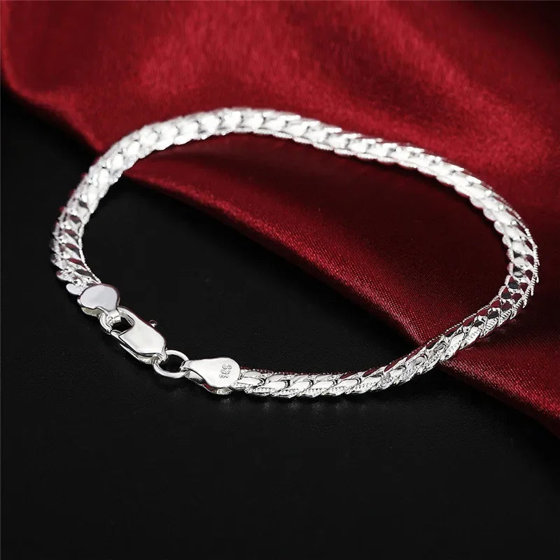 925 Sterling Silver Bracelet 6mm 18/20cm Flat Side Chain Lobster Clasp Bracelet for Woman Man Wedding Engagement Jewelry