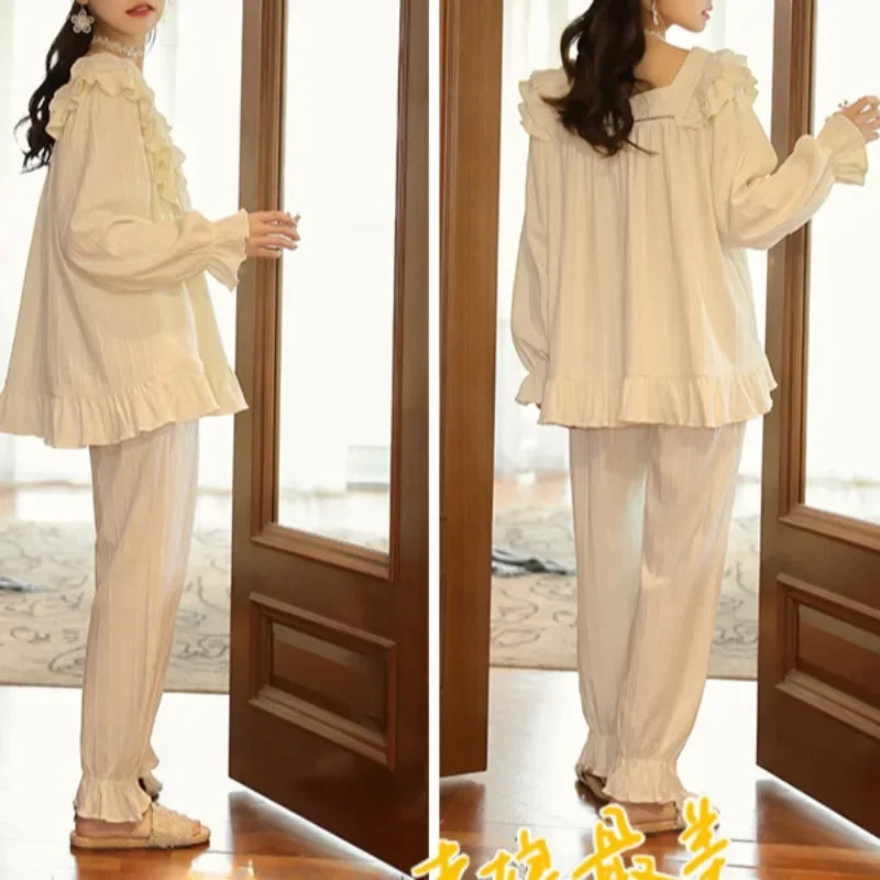 Women's Sweet Ruffle Pajamas Set Long Sleeve Top And Long Pants Sleepwear 2 Piece Set For Women Korean Casual Home Loose Pajamas