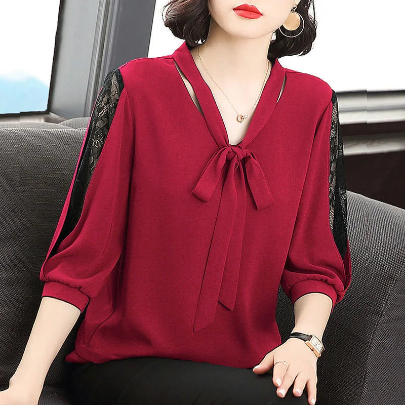 Women Spring Summer Style Blouses Tops Lady Casual Bow Tie Colloar Half Lace Sleeve Loose Blusas Tops DF4275