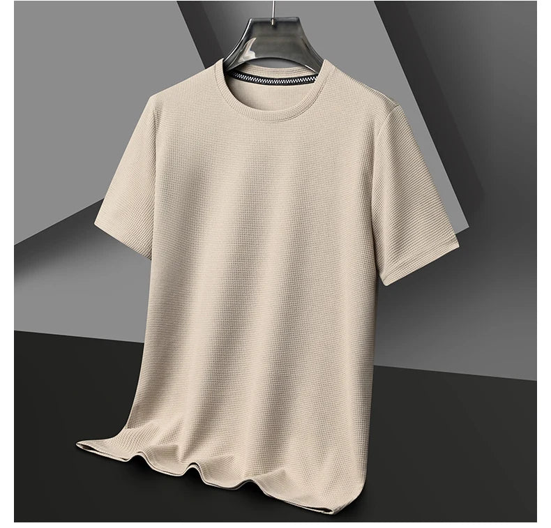 New Summer Waffle Round Neck Short Sleeved T-shirt for Men's Short Sleeved Top