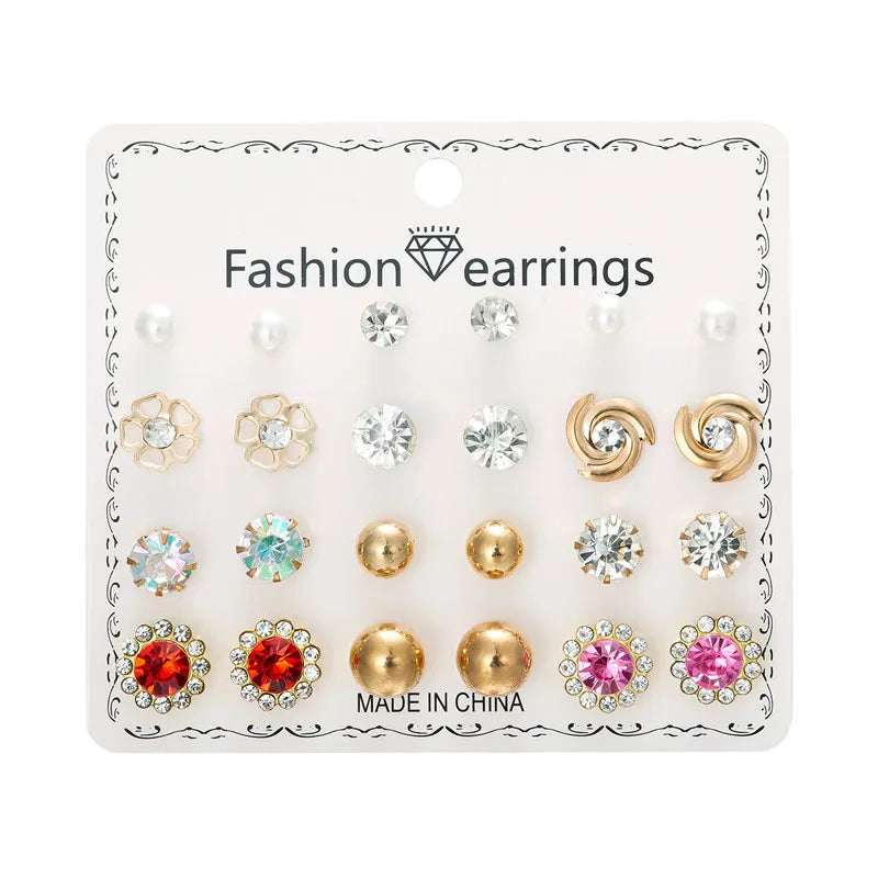 12 Pairs/Set Imitation Pearl Sun Star Flower Bow Heart Zircon Combination Paper Card Stud Earrings Set Fashion Geometric Earring