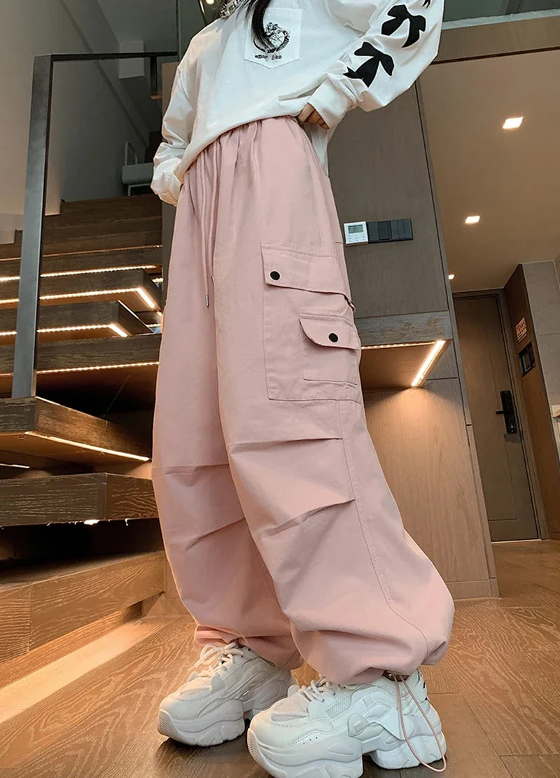 Y2K Cargo Pants Women Harajuku Oversized Sweatpants Black Pockets Wide Leg Joggers Streetwear High Waist Baggy Sports Trousers