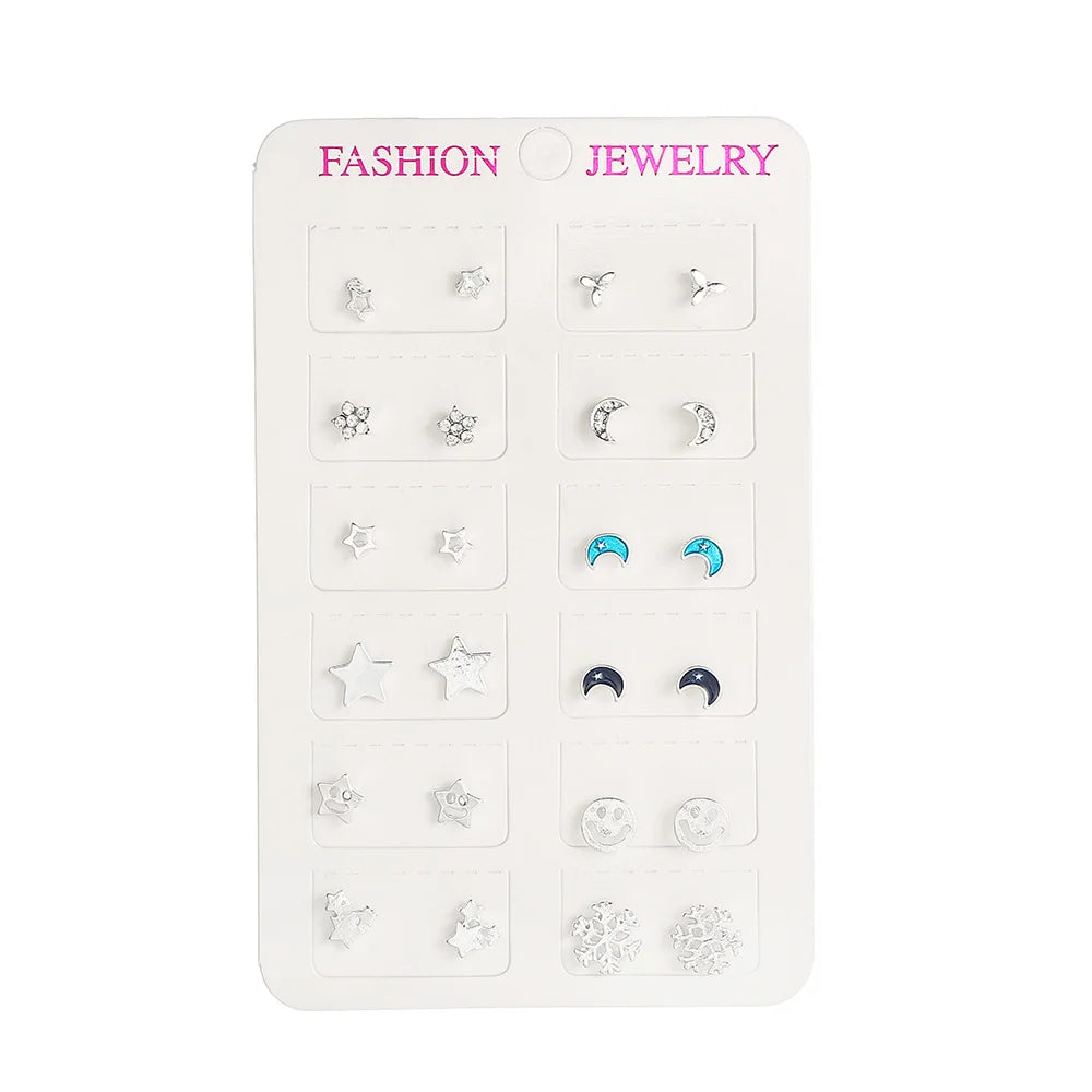 Kiss Jewelry Women Trendy Mini Stud Earrings Set Moon Star Heart Geometric Silver Color Earring Korean Fashion Girls Jewelry Set