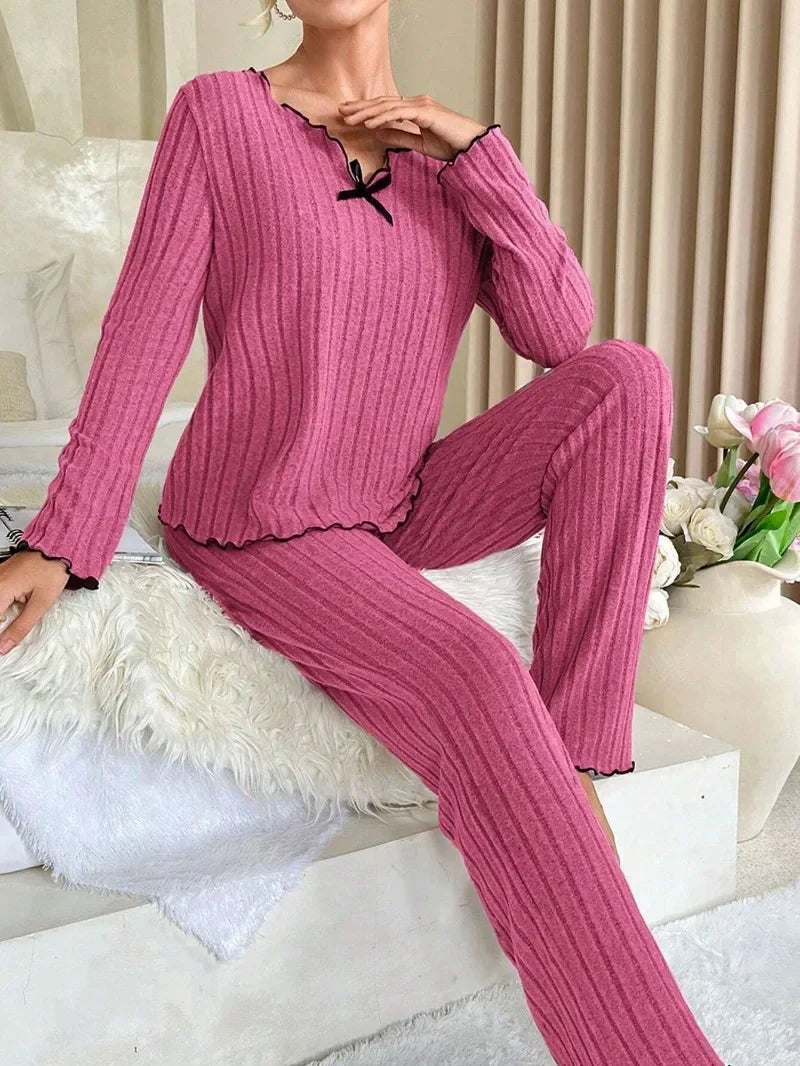 Autumn Winter Sleepwear Ribbed Pajamas Set Women Long Sleeve Top and Long Pants 2 Piece Casual Homewear Loungewear