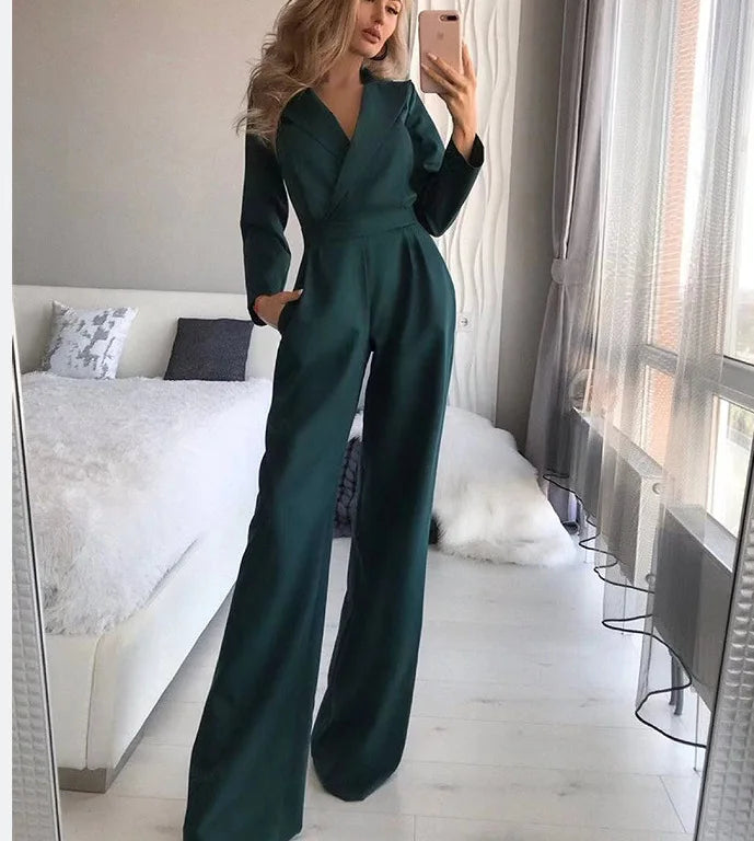 Spring Summer New Solid Color Suit Collar Women's Jumpsuit Fashion Pocket Slim Elegant Female Office Jumpsuit