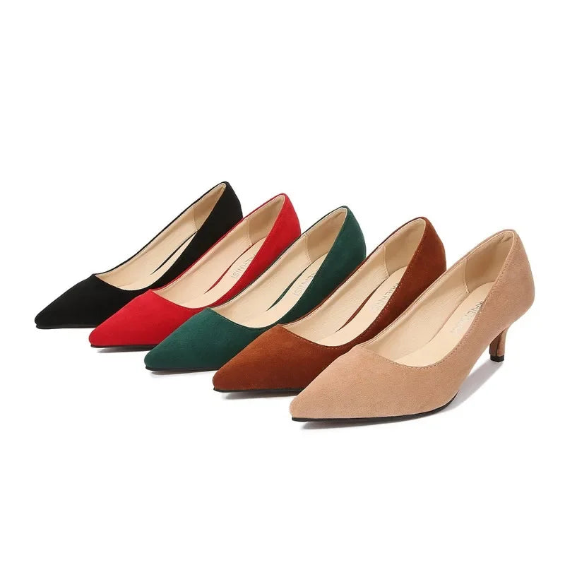 Low Heel Pumps Lady Pointed Toe Kitten Heels Female Green Flock Plus Size 43 44 45 46 Red Shoes 2023 Women 5cm High Heels