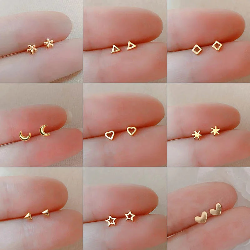 Tiny Minimalist Silver Plated Korean Mini Small Heart Stars Stud Earrings for Women Student Teen Simple Ear Piercing Jewelry