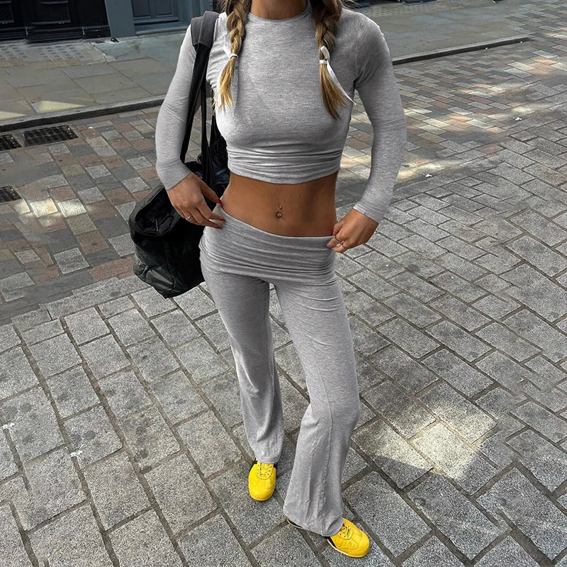 BIIKPIIK Yoga Casual Two Piece Set Concise Sporty Pants Suit For Women Fitness Long Sleeve Crop Top + Turndown Waist Pants Trend