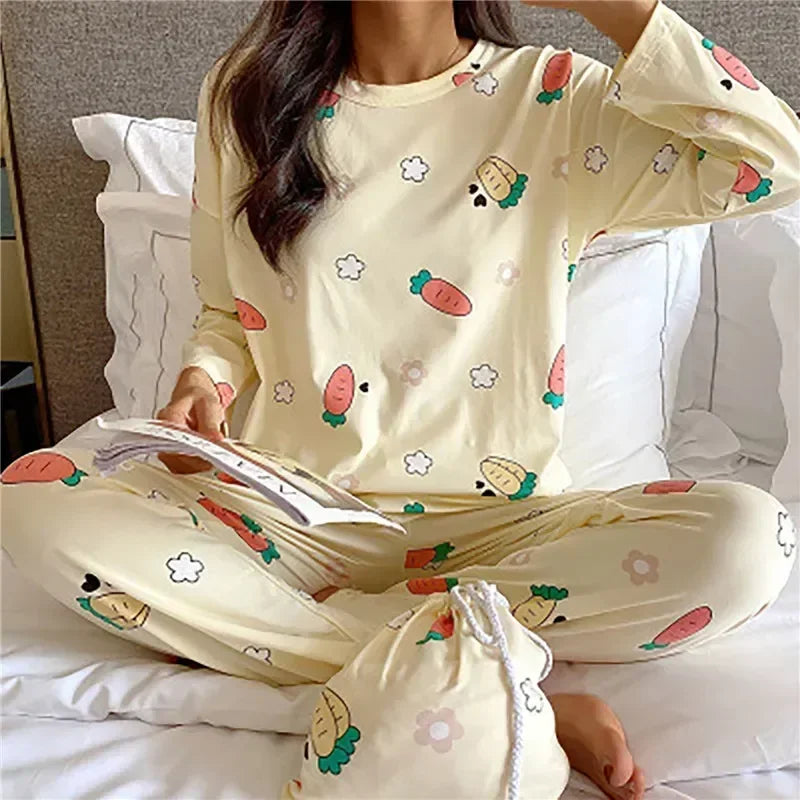 Set Cute New Cartoon Sets Cow Spring 2023 Sleeve Print Long Two-pieces Underwear Sleepwear Pajama Women