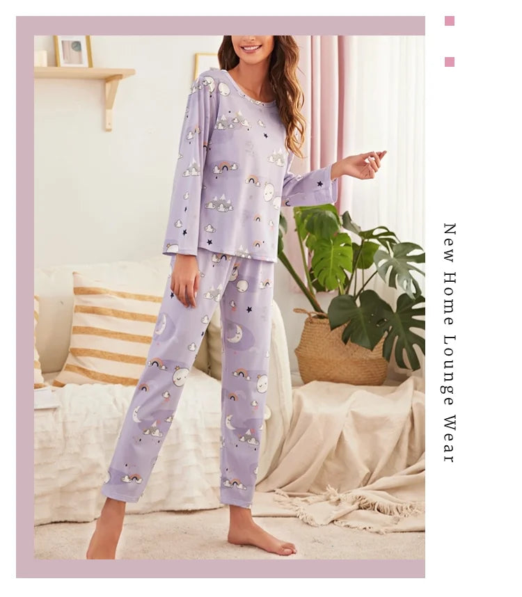 Autumn women's printed pure cotton sleepwear set with round neck long sleeved pants casual  comfortable two piece home suit set