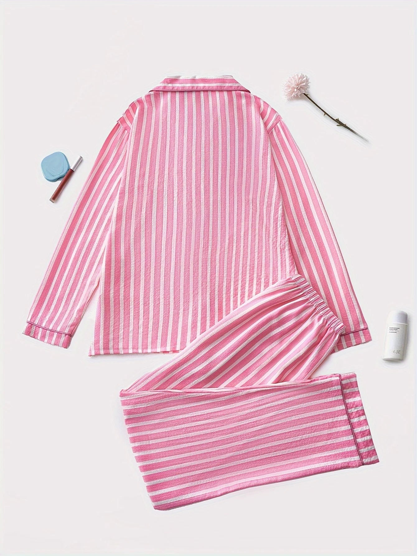 Elegant Striped Polyester Pajama Set for Women with Lapel Collar, Long Sleeve Button-Up Top, and Long Pants, Fall/Winter Woven S