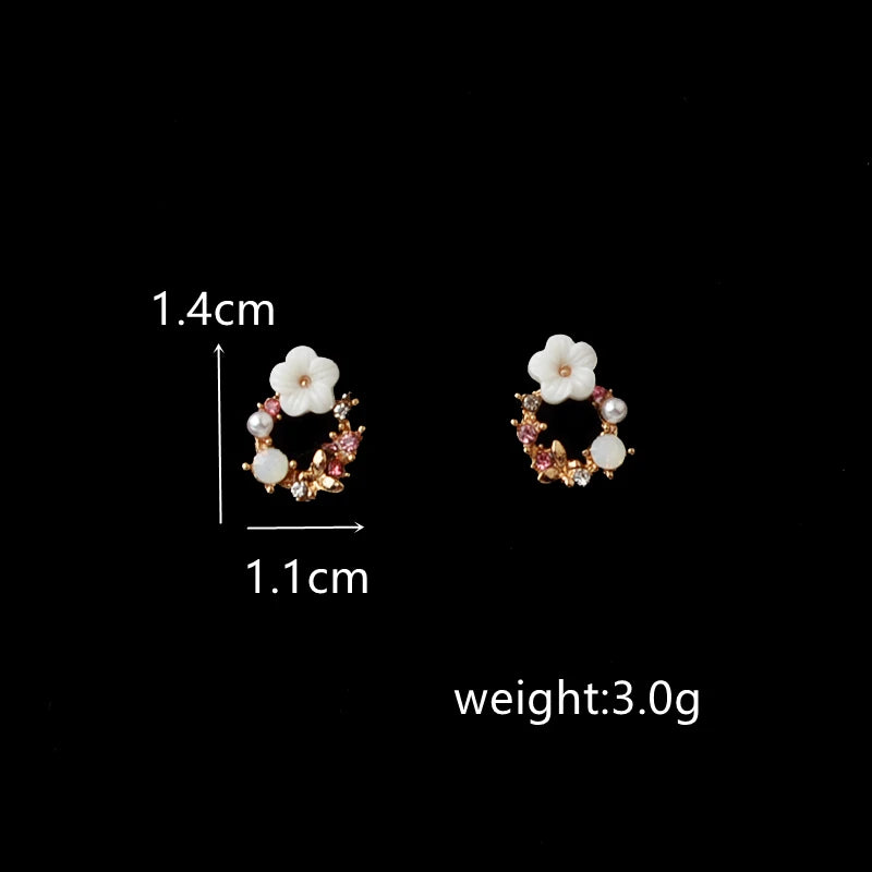 Korean Round Flower Bowknot Stud Earrings Small Colorful Enamel Crystal Rhinestone Wreath Garland Ear Jewelry Birthday Gift