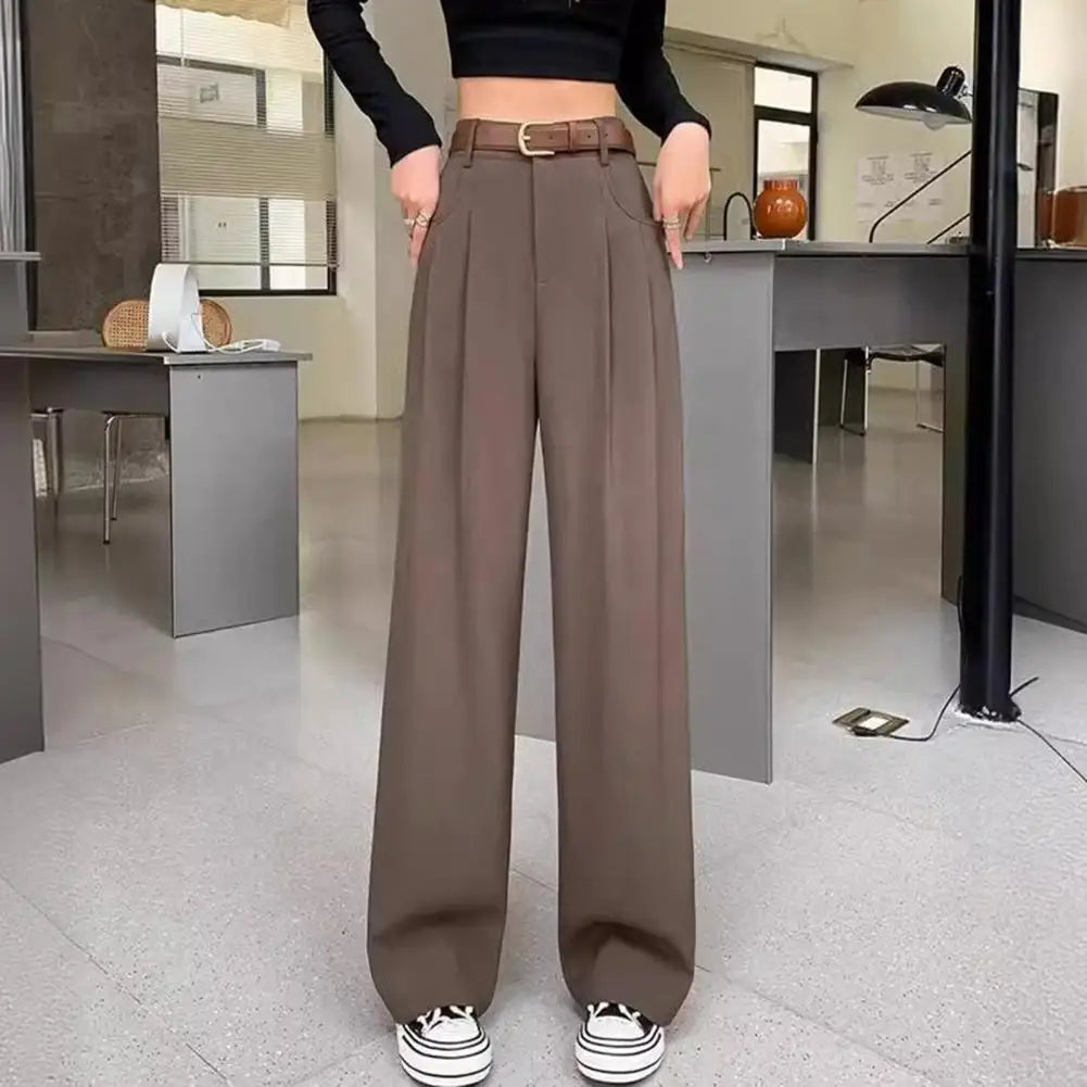 Women Pants Button Zipper Fly High Waist Office Lady Trousers With Pockets Solid Color Straight Wide Leg Versatile Suit Pants