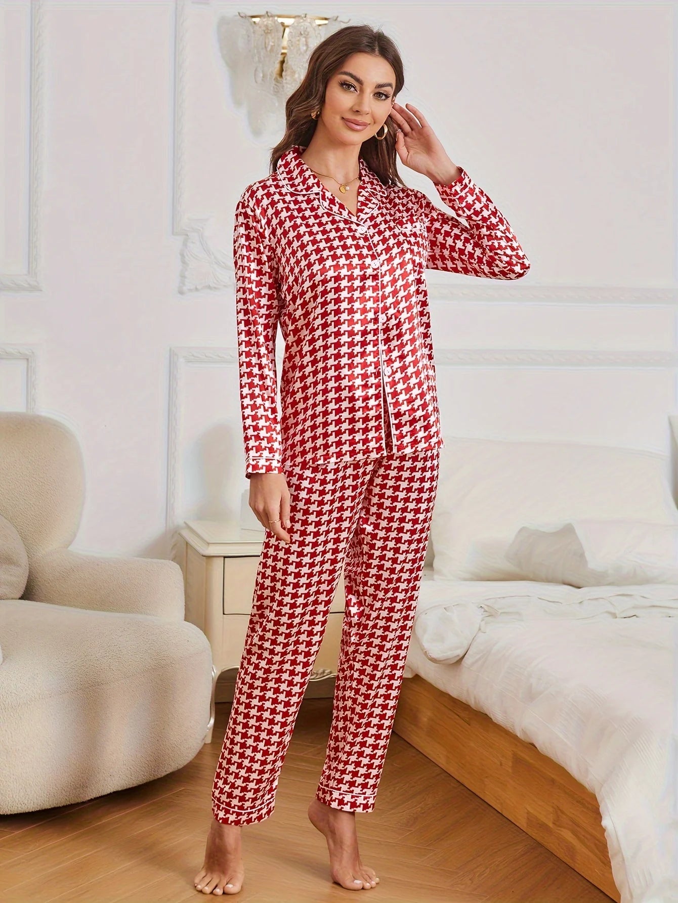 Luxurious Houndstooth Satin Pajama Set - Elegant Long Sleeve Buttons Lapel Top, Stretchy Elastic Pants, Exquisitely Designed for