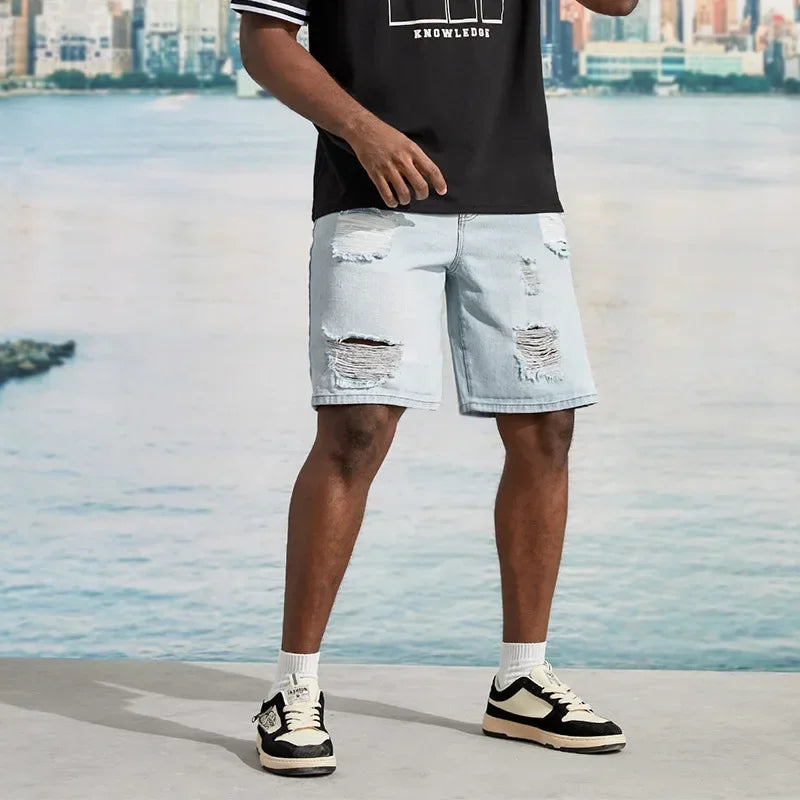 New Men's Korean-style Casual Ripped Denim Shorts, Street Handsome, Loose Straight-leg, Large-size Five-point Pants.