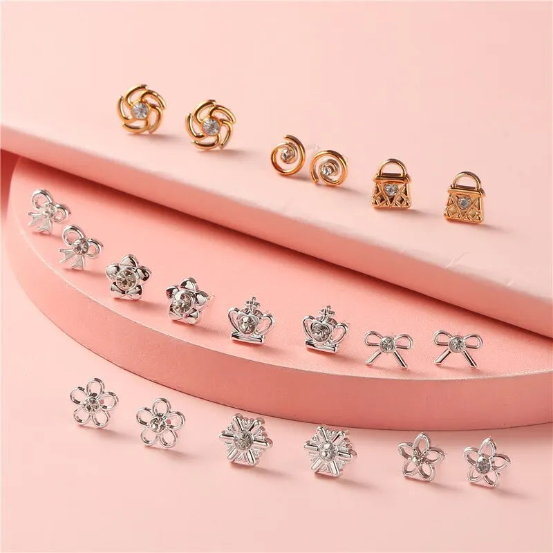 Trendy Gold/Silver-color 36 Pairs/lot Female Flower Love Small Stud Earrings Set For Women Geometric Crystal Plastic Ear Jewelry