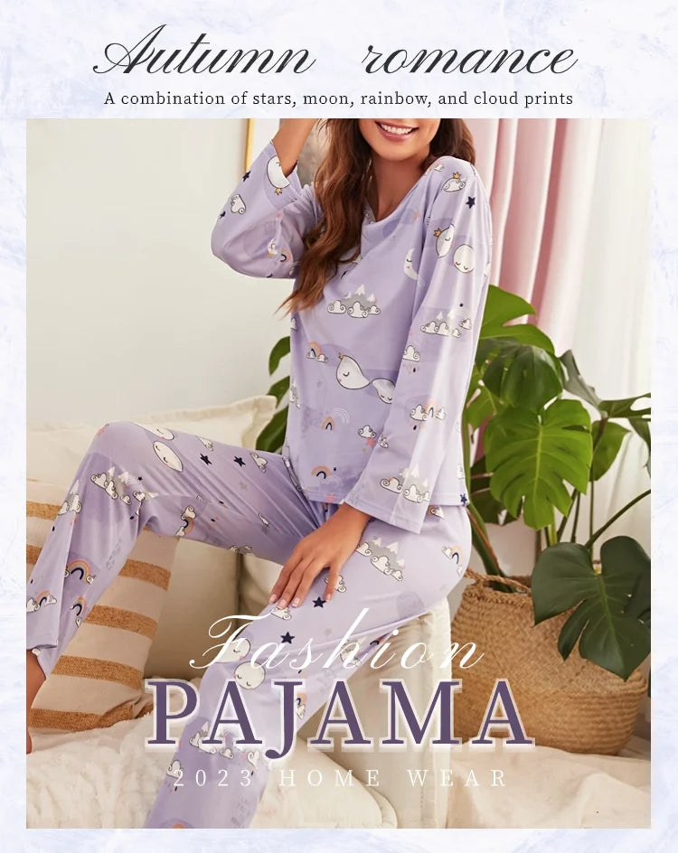 Autumn women's printed pure cotton sleepwear set with round neck long sleeved pants casual  comfortable two piece home suit set