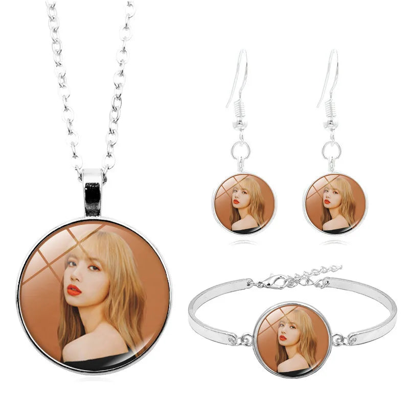 Korean Girls Group ROSE LISA JISOO JENNIE Trendy Fashion Kpop Jewelry Necklace Baracelet Earrings Set for Woman Girl Friend Gift