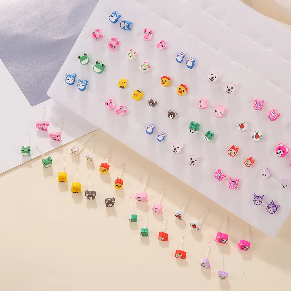 36Pair/lot Multi-style Colorful Cartoon Fruit Animal Geometric Stud Earrings Set For Women Girls Cute Children Ear Jewelry Gifts