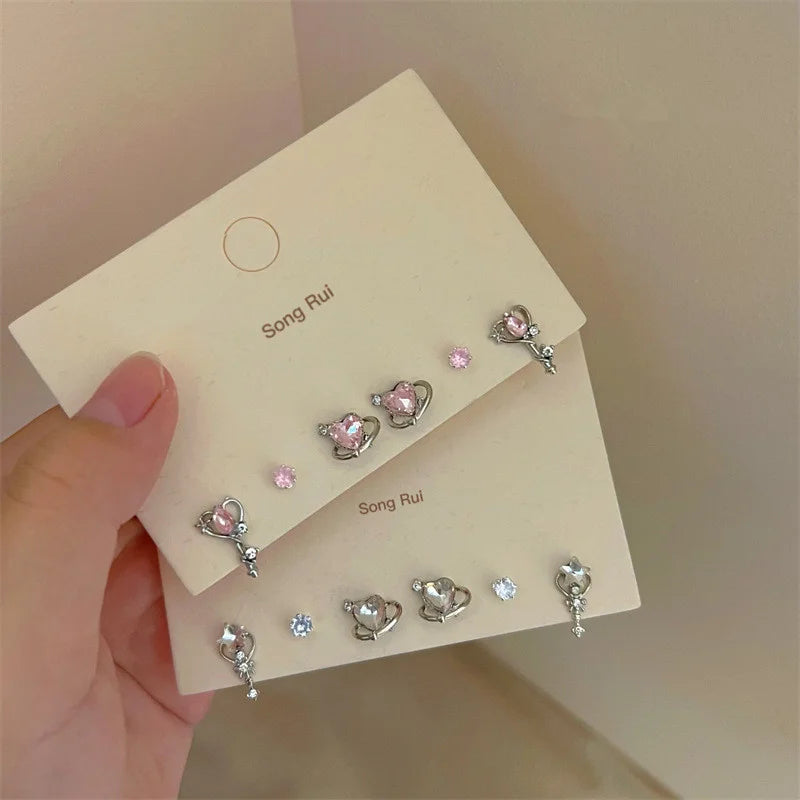 6pcs/set Women Silver Color Y2K Pink Crystal Heart Stud Earring Korean Trendy Punk Sweet Cool Bow Star Earring Aesthetic Jewelry