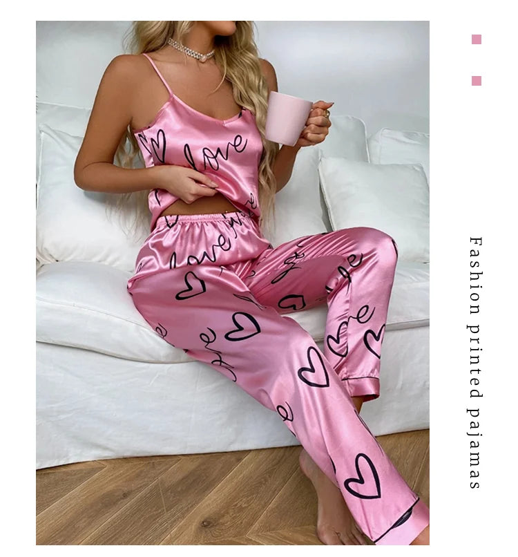 2 PCS Sexy Women Satin Pajamas Lingerie Sleepwear V Neck Sleeveless Suspenders and Pants Girl Pajamas Set Home Wear Loungewear