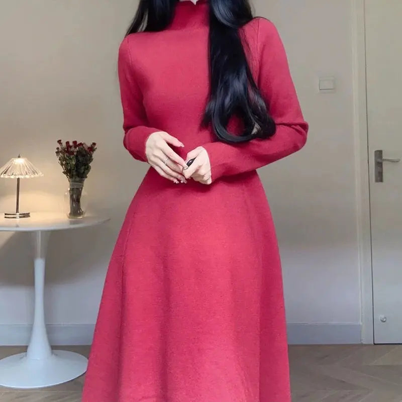 Solid Half High Collar Long Sleeve Jersey Dress Loose Casual Sweat All Match A-line Skirt Elegant Fashion Harajuku Wool Dress