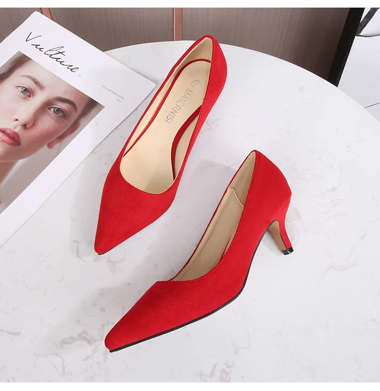 Low Heel Pumps Lady Pointed Toe Kitten Heels Female Green Flock Plus Size 43 44 45 46 Red Shoes 2023 Women 5cm High Heels