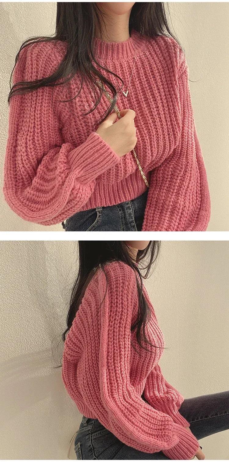 Knitted Sweater Pullovers New Design Cute Sweet Japan Girls Solid O Neck Short Crop Knit Tops 4 Colors 2024 Winter Autumn