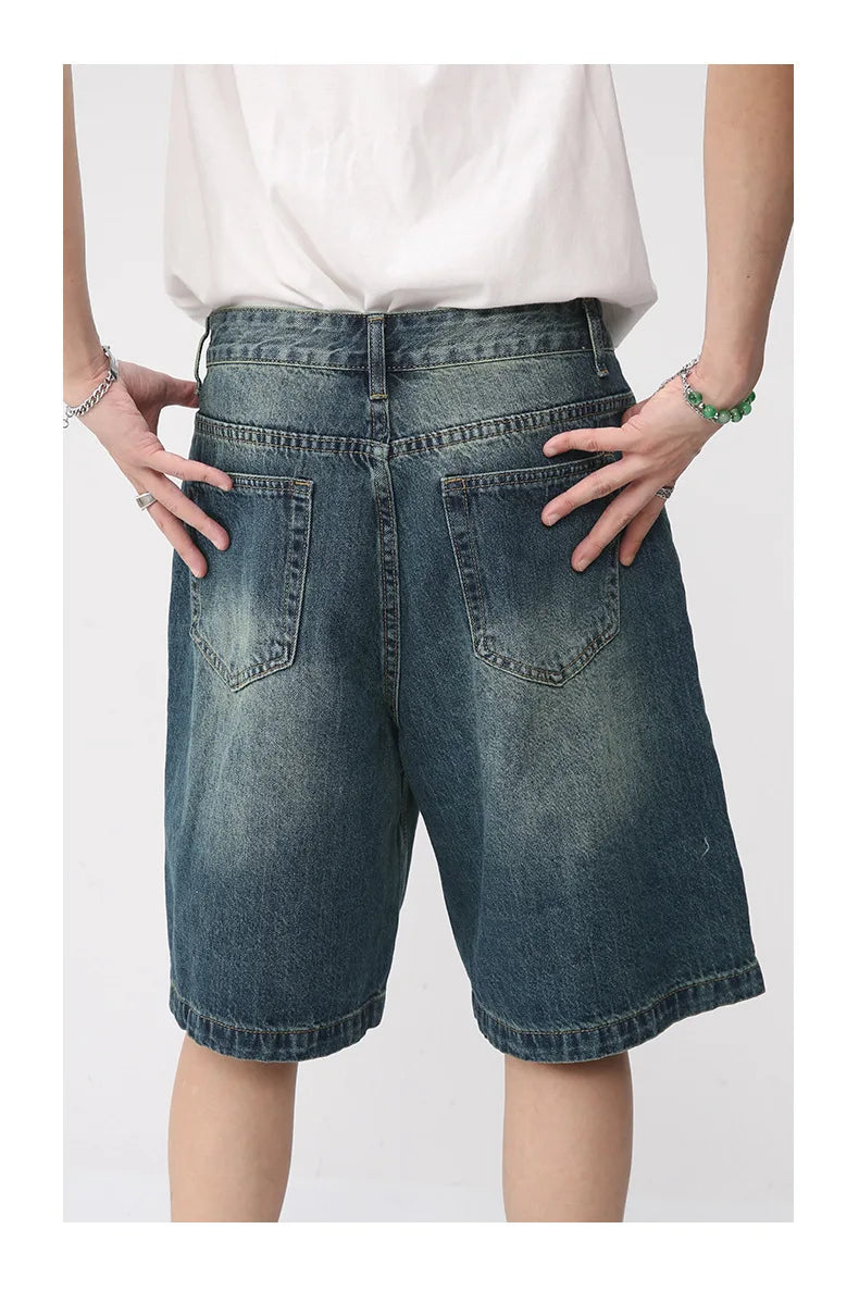 Men Summer Denim Shorts New Korean Loose Vintage Fashion Wash Casual Over Knee Capris Straight Leg Pants