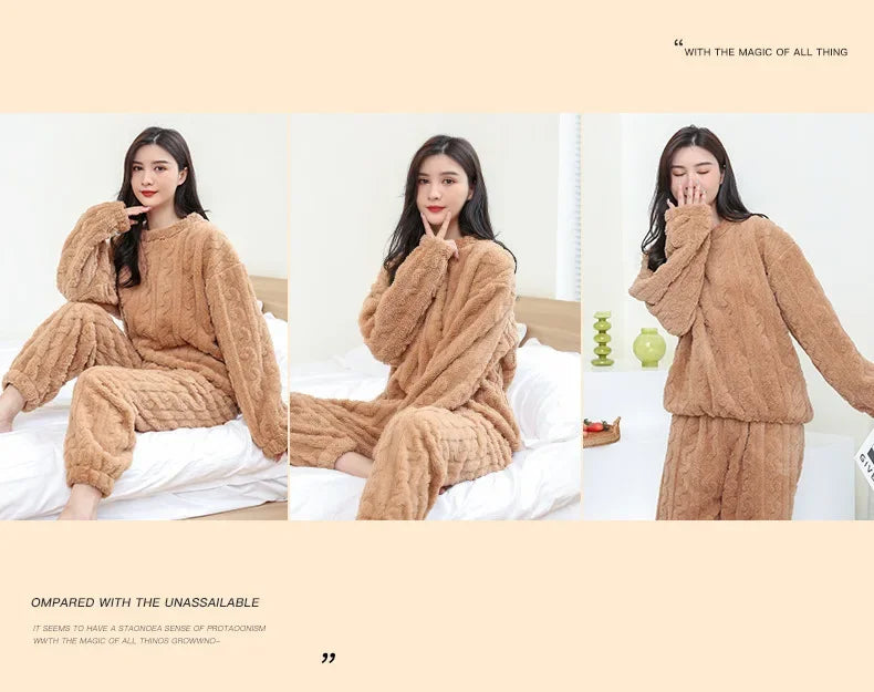 Women Fleece Pajamas Set 2024 Winter Sleepwear Solid Velvet 2 Piece Pant Home Suit Fluffy Casual Pajamas Warm O-neck Night Wear