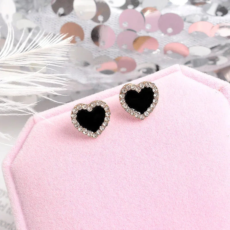 Korean Style Zircon Black Resin Heart Ear Studs for Women Elegant Luxury Geometric Earrings 2024 Fashion Trends Jewelry Gifts