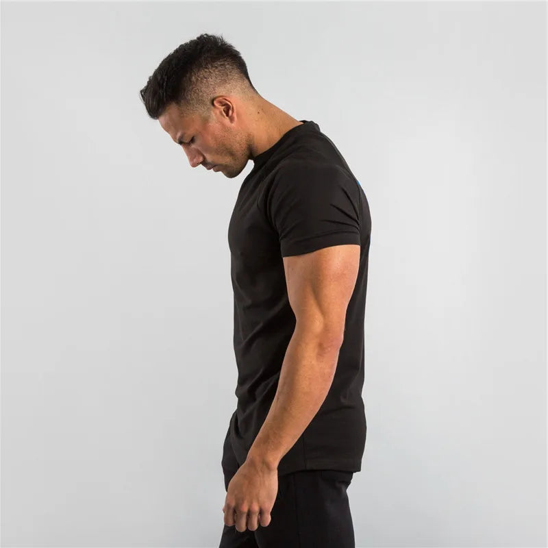 Cotton Plain Tops Tees Fitness Mens T Shirt Short Sleeve Muscle Joggers Bodybuilding Tshirt Male Gym Clothes Slim Fit Shirt