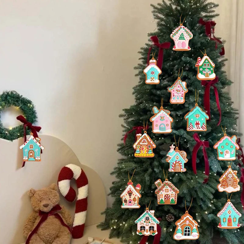 16pcs House Pendant For Christmas Tree Cute Mini Christmas Snow House Hanging Collection Creative Figurines House Pink Pendant