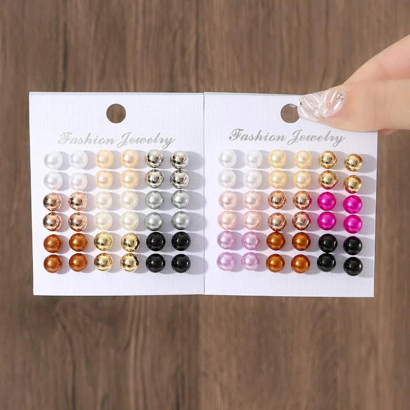 Cross Disciplinary 18 Pairs of Minimalist Summer Women's Colored Pearl Earring Set, Party Ladies, Fashionable Earrings