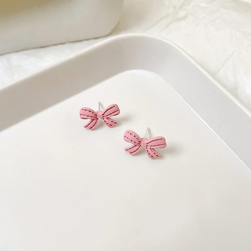 NEW Pink Bowknot Stud Earrings 2023 Korean Simple Lovely Girl's Minimalist Temperament Bow Ear Jewelry Wholesale Gift