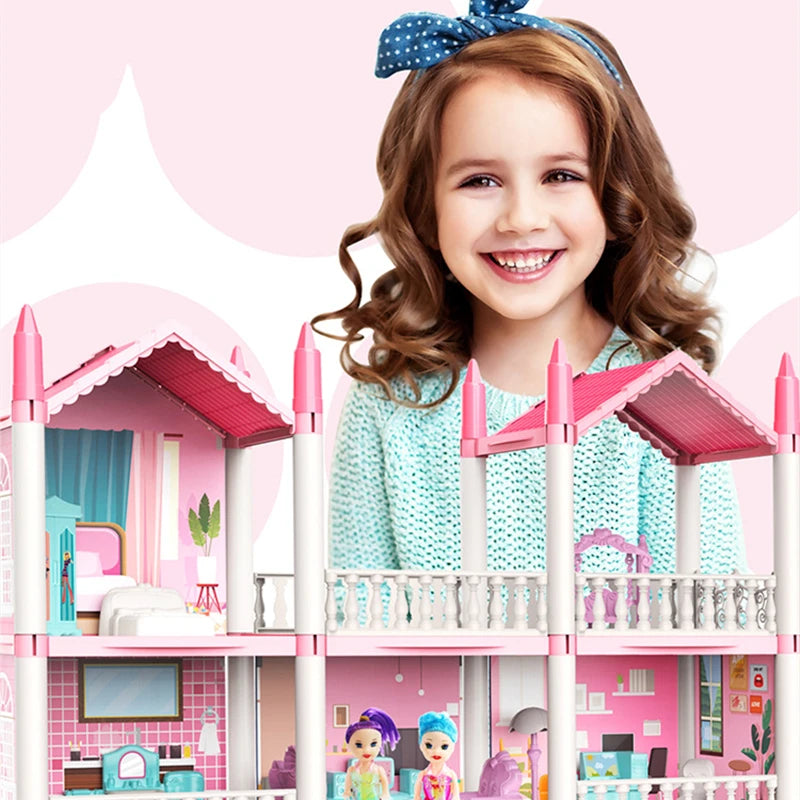 3D DIY Assembly Doll House Fantasy Princess Castle Villa Set Toys Girl Family Toys Children's Music Doll House Assembly Villa