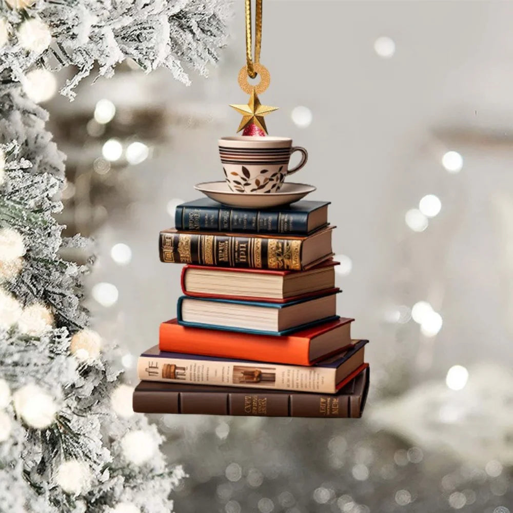 2D Bookshelf Christmas Pendant Flat Printing Book Dogs Drop Xmas Tree Window Hanging Decor Creative New Year Gifts DIY Crafts